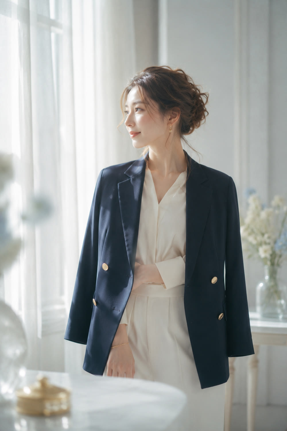 ミスティブルーの装いをまとった女性